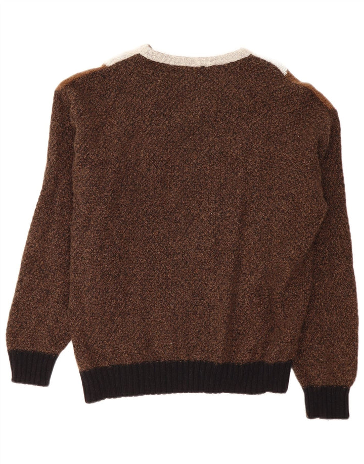 VINTAGE Pull col V pour homme Large Marron Colourblock