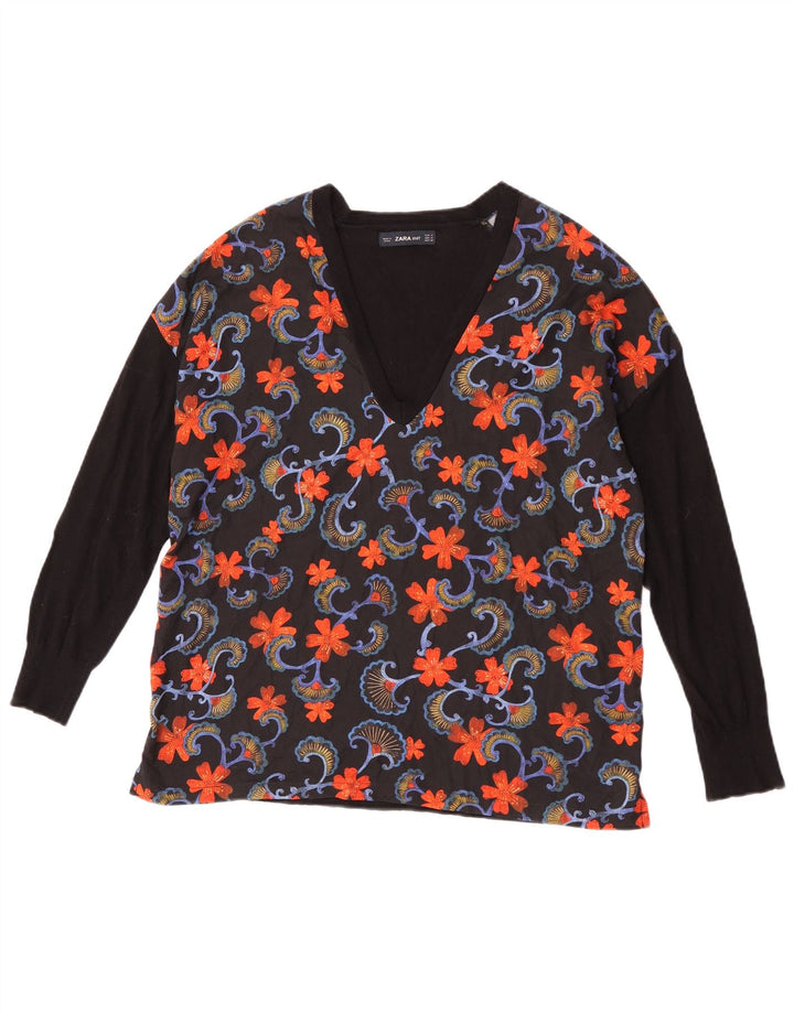 Zara Femme Top Manches Longues UK 44 Laine Florale Noir Moyen