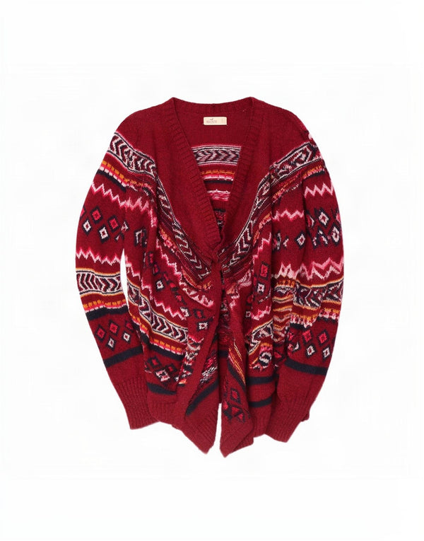 Hollister Pull Cardigan Ouvert Pour Femme UK 10 Petit Coton Géométrique Rouge