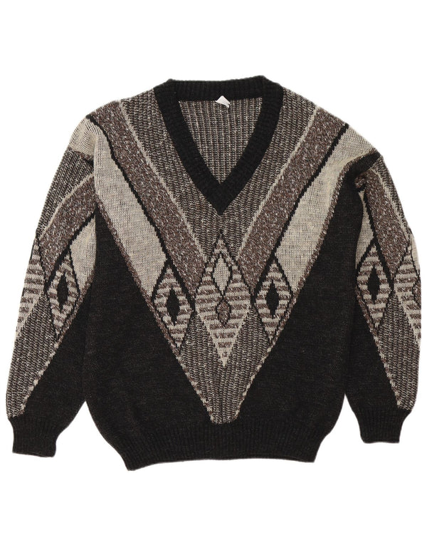 vintage Mens V-Col Jumper Sweater UK 38/40 Medium Black Colourblock