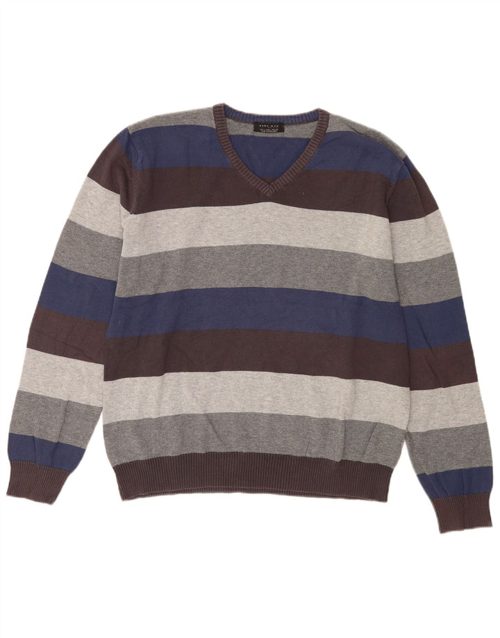 Zara Pull col V pour homme en coton rayé multicolore