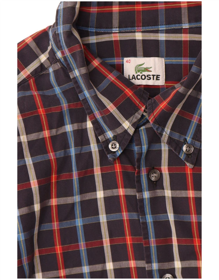 Lacoste Chemise à manches courtes pour hommes Taille 40 Coton à carreaux bleu marine moyen
