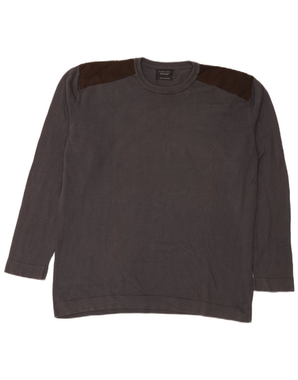 Zara Mens Crew Neck Jumper Sweater XL Grey Colourblock Cotton