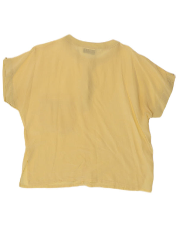 vintage Femme Manches Courtes Blouse Top UK 14 Grande Soie Jaune