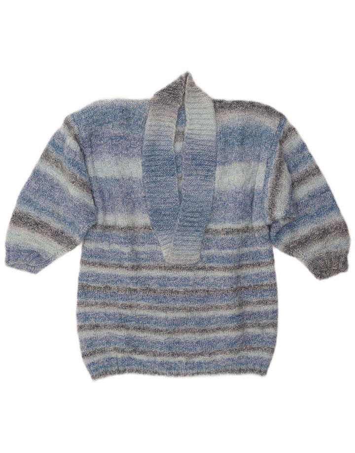 VINTAGE Femme Col Châle Pull Pull UK 14 Bleu Moyen Rayé