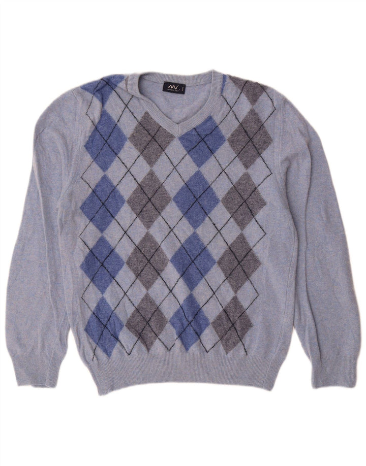 Matteo Volpi Pull col en V pour femme UK 12 Bleu moyen Argyle/Diamant