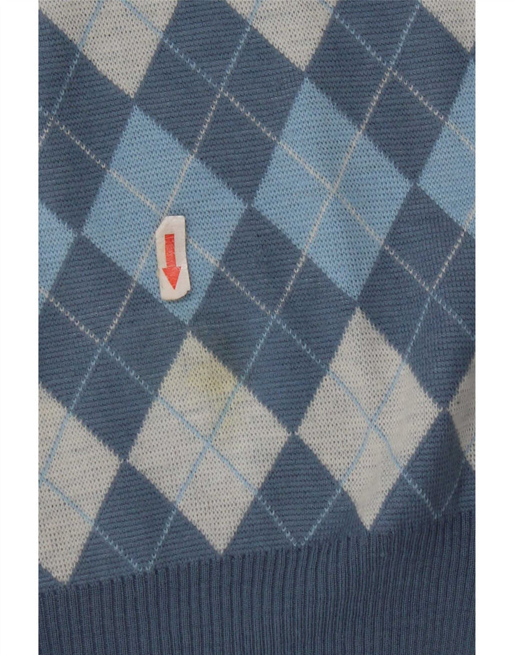 vintage Mens Vest Débardeur Moyen Bleu Argyle/Diamond Wool