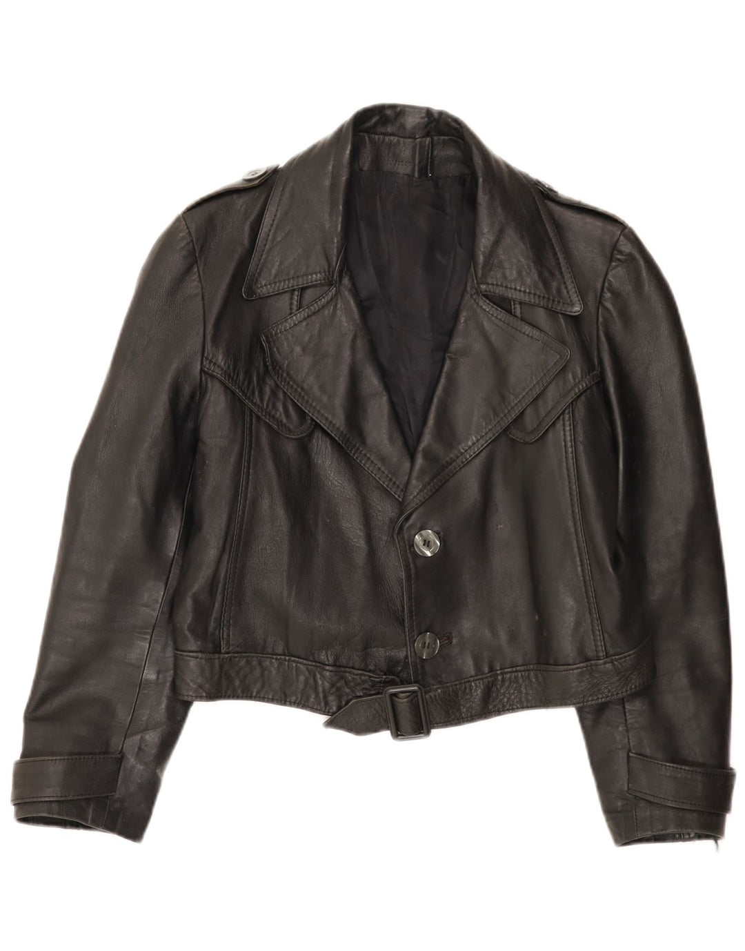 VINTAGE Veste militaire crop femme UK 12 Noir moyen