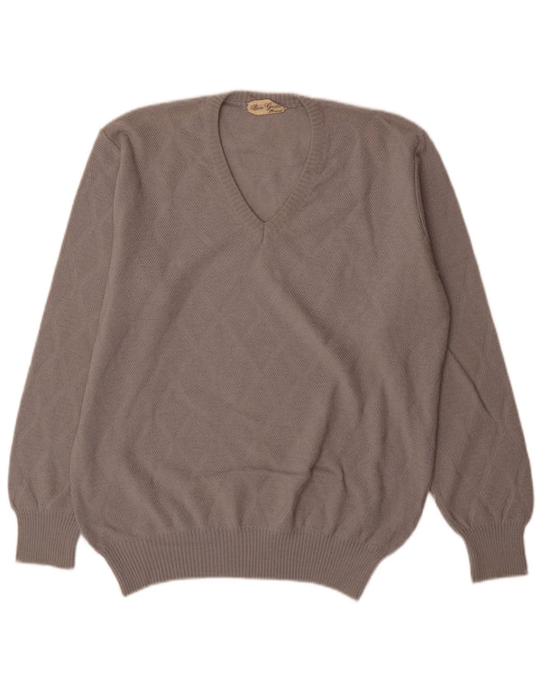 vintage Homme Col V Pull Pull IT 54 XL Gris Argyle/Diamond Laine