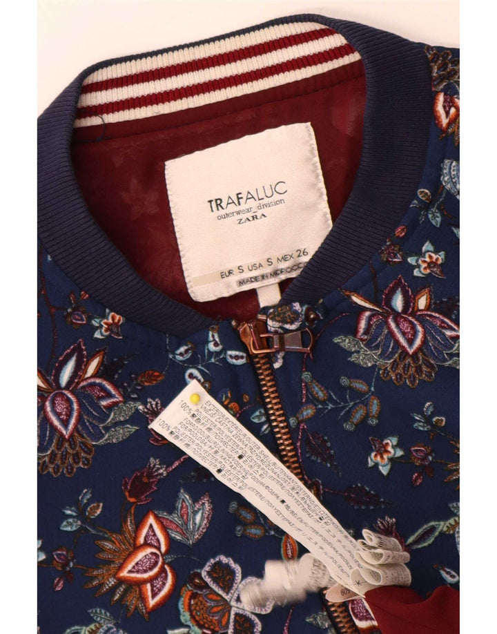 Zara Womens Trafaluc Bomber Jacket UK 10 Petit Bleu Marine Floral Polyester