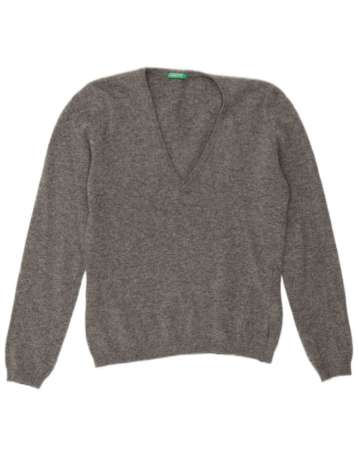 Benetton Pull col en V pour femme UK 42 Laine gris moyen