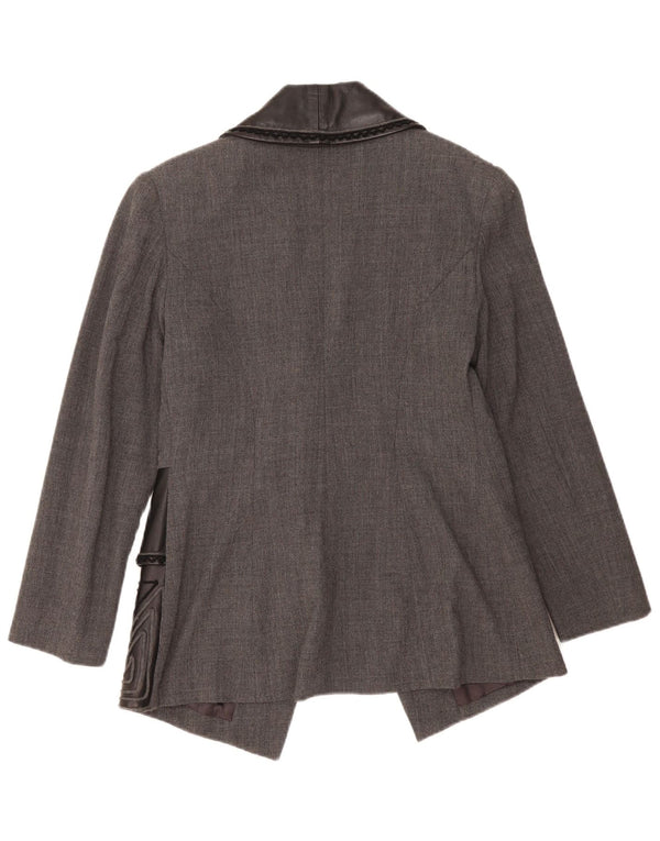 vintage Femme 1 Bouton Blazer Veste IT 46 Grande Laine Géométrique Grise