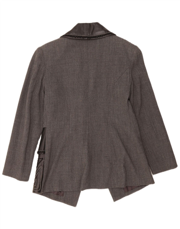 vintage Femme 1 Bouton Blazer Veste IT 46 Grande Laine Géométrique Grise