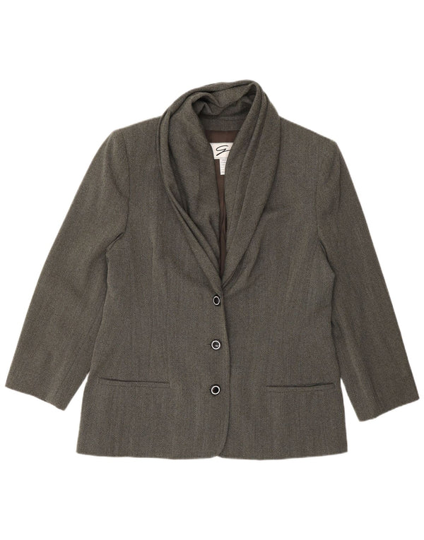 Genny Veste Blazer 3 Boutons Femme UK 14 Laine à Chevrons Gris Moyen