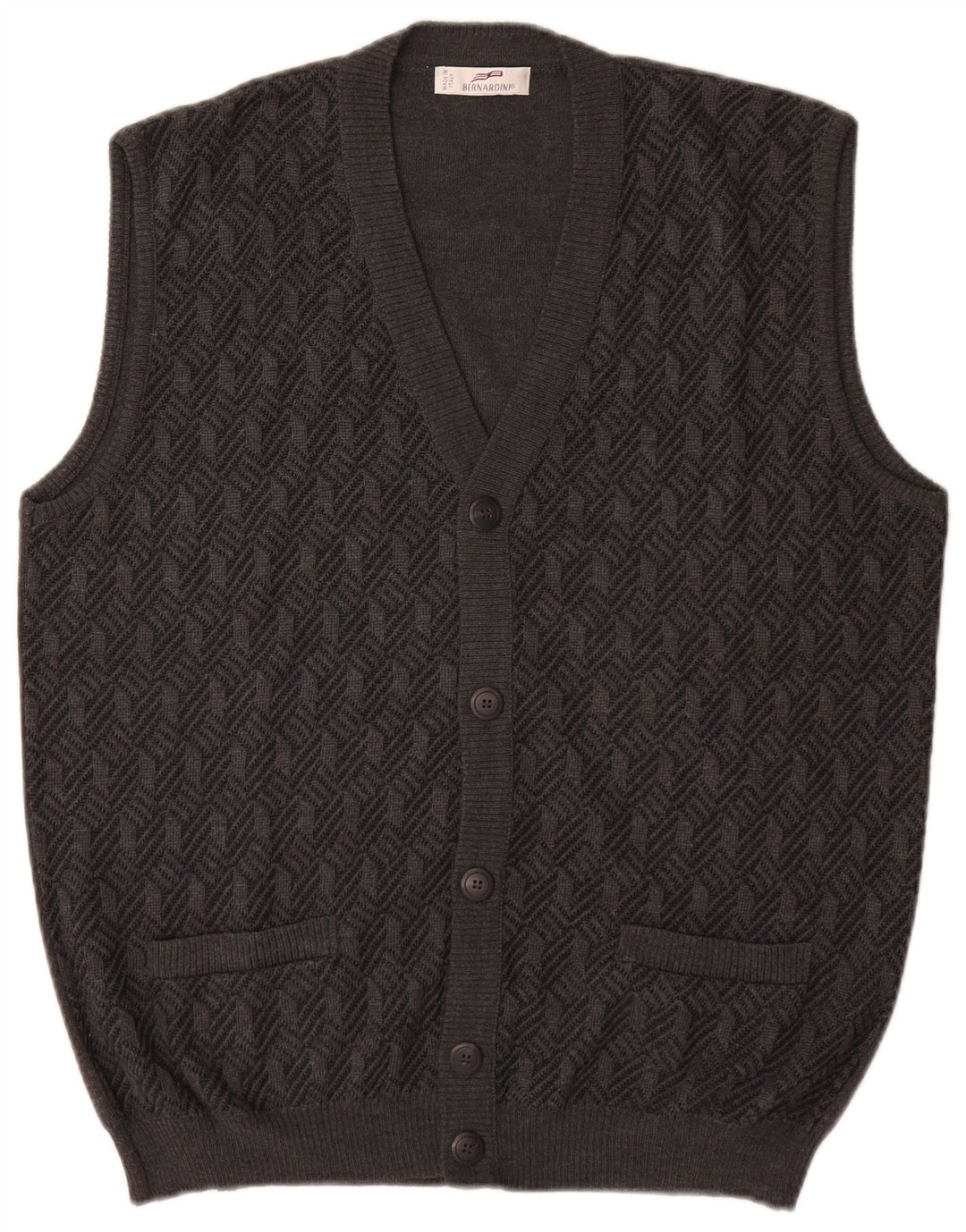 Bernardi Pull Cardigan sans Manches Homme IT 52 Large Laine Géométrique Gris