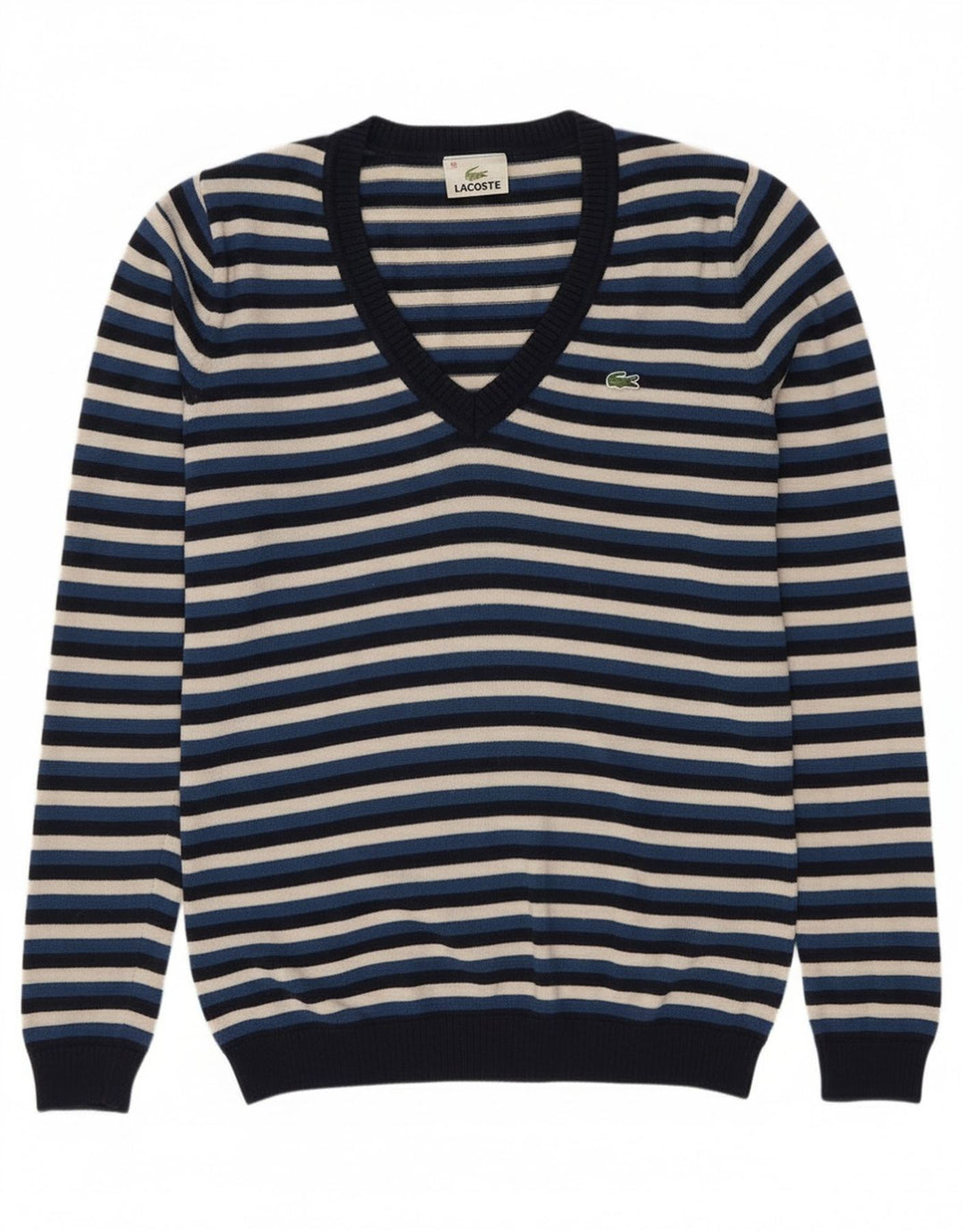 Lacoste Femme Col V Pull Pull Taille 38 Laine Rayée Bleu Marine Moyen