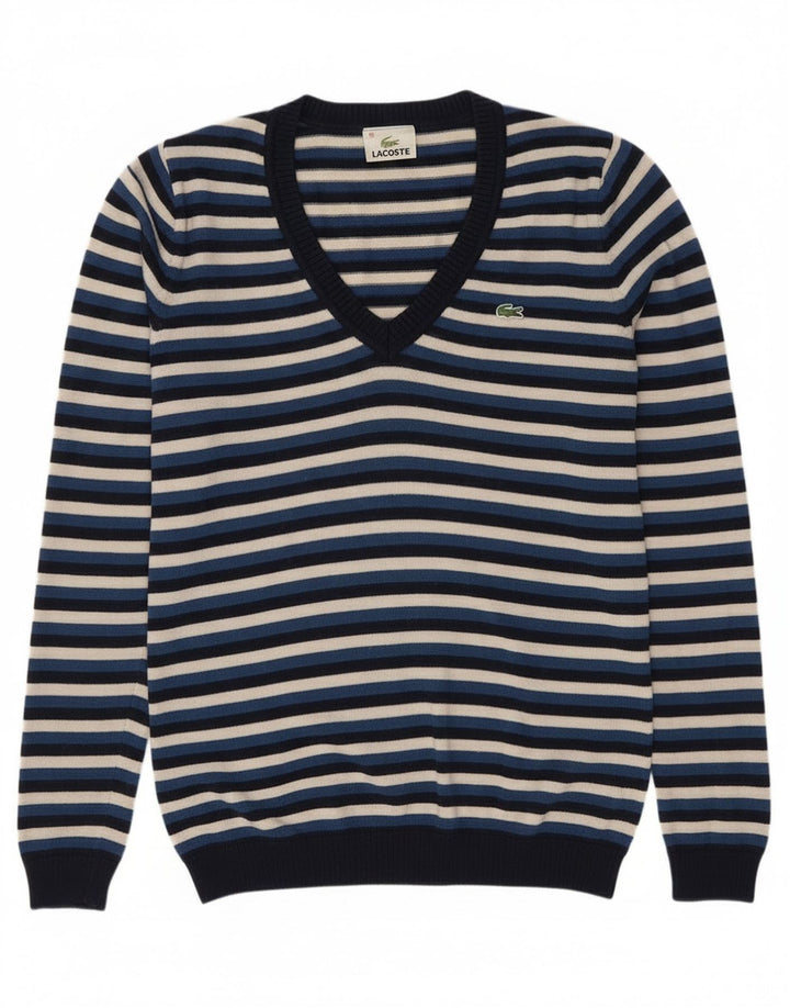 Lacoste Femme Col V Pull Pull Taille 38 Laine Rayée Bleu Marine Moyen