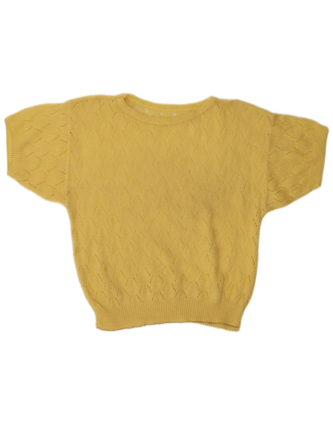vintage Femmes Voir à travers Crew Neck Jumper Pull UK 14 Jaune Moyen