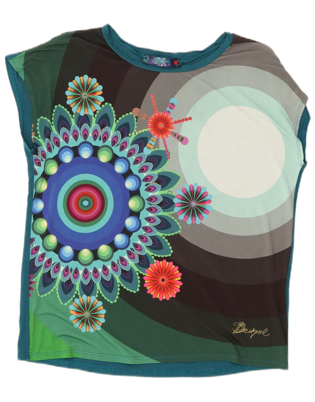 Desigual Femme Graphic T-Shirt Top UK 14 Medium Multicolore