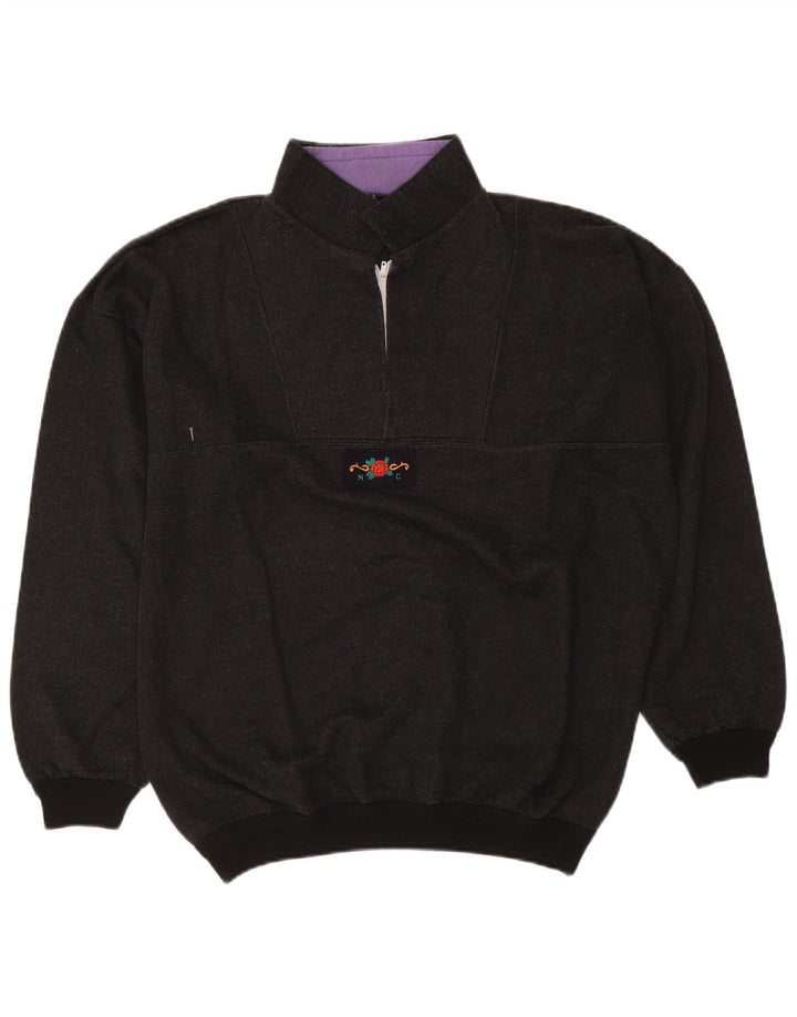 vintage Mens 1/4 Zip Sweatshirt Jumper Grand Gris Moucheté Rétro