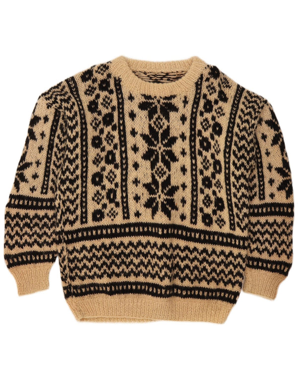 vintage Femmes Bateau Cou Jumper Pull UK 20 2XL Beige Fair Isle Wool