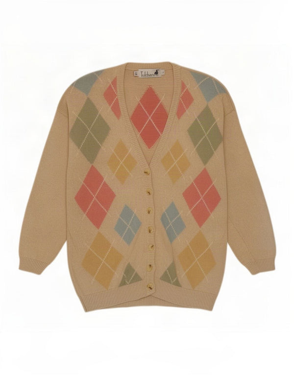Tulchan Pull Cardigan pour Femme UK 14 Beige Moyen Argyle/Diamant Coton
