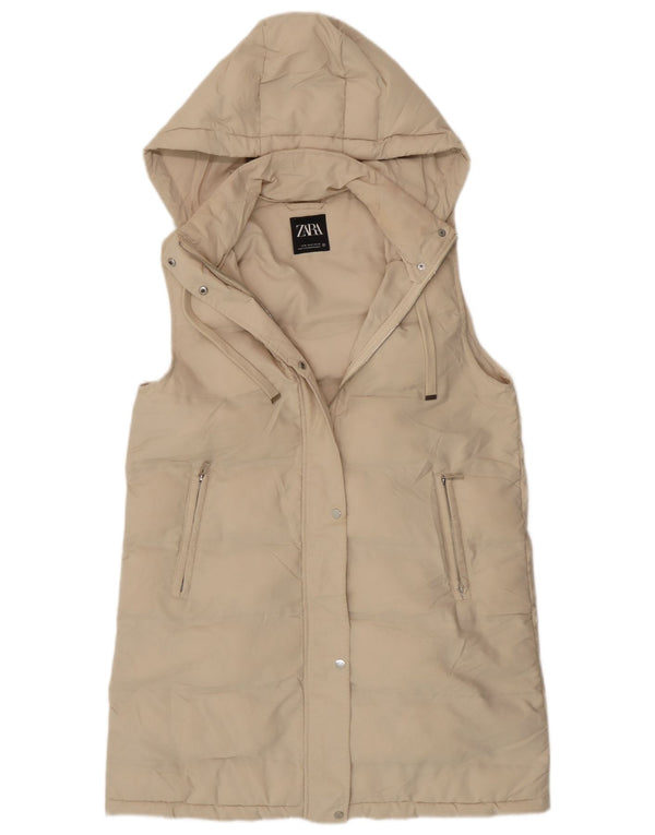 Zara Gilet rembourré à capuche long pour femme UK 14 Polyester beige moyen
