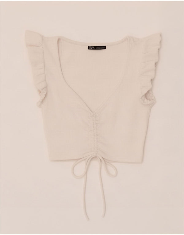 Zara Womens Crop Top UK 12 Coton Blanc Moyen
