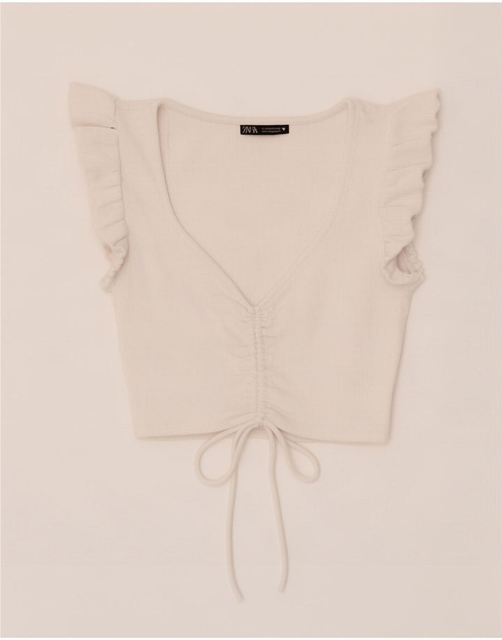 Zara Womens Crop Top UK 12 Coton Blanc Moyen