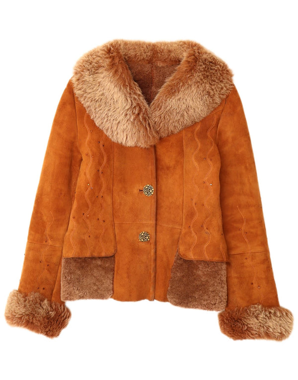 Veste Shearling Femme Vintage UK 12 Cuir Marron Moyen
