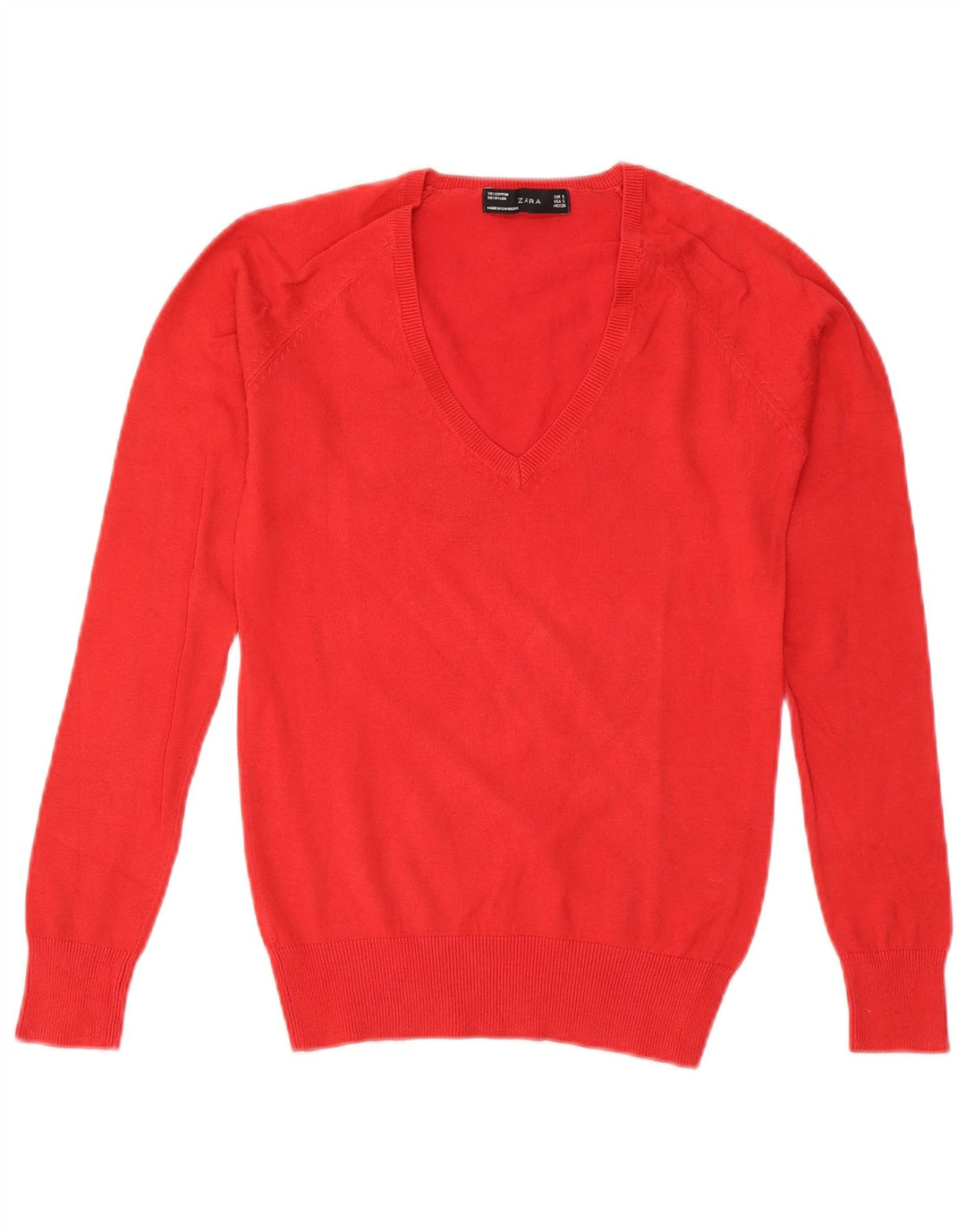 ZARA Pull col en V pour femme UK 10 Petit coton rouge