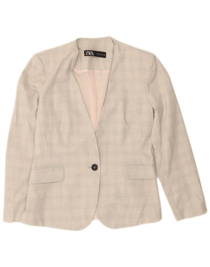 ZARA Veste blazer 1 bouton pour femme EU 40 Gris moyen à carreaux Polyester
