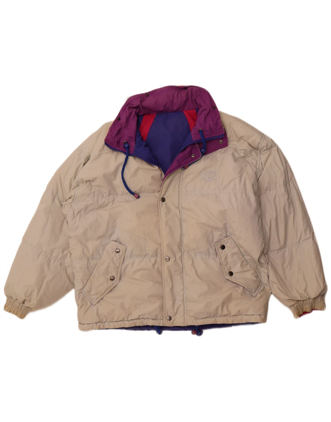 VINTAGE Veste réversible à capuche pour femme Large Beige Colourblock Polyester