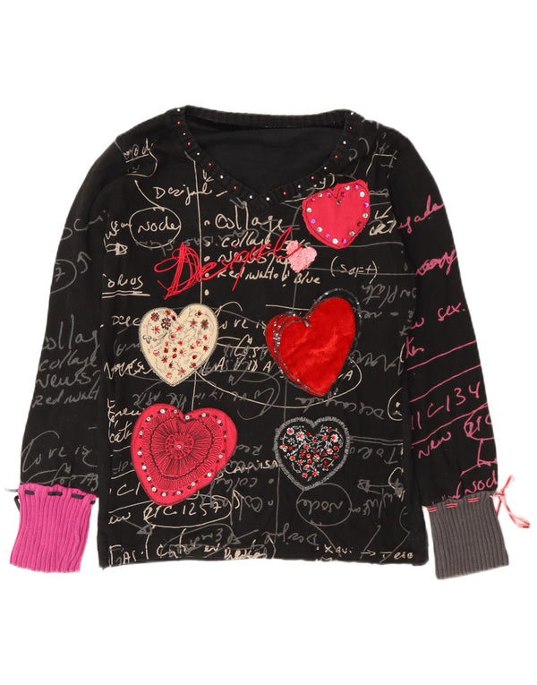 Desigual Femme Graphic Top Manches Longues UK 18 XL Noir Coton Coeur
