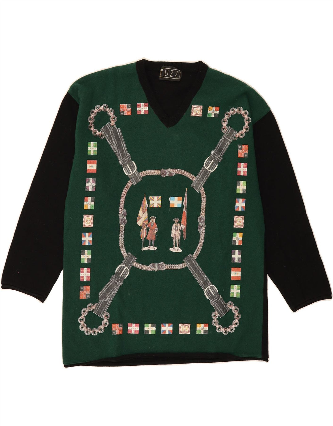 FUZZI Womens Graphic V-Neck Jumper Sweater IT 46 Large Green Colourblock Vintage Fuzzi and Second-Hand Fuzzi from Messina Hembry 