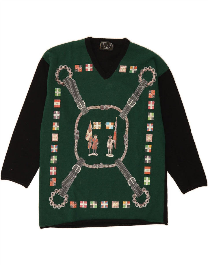 FUZZI Womens Graphic V-Neck Jumper Sweater IT 46 Large Green Colourblock Vintage Fuzzi and Second-Hand Fuzzi from Messina Hembry 