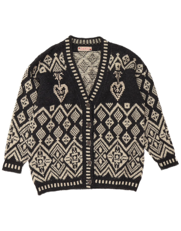 vintage Femme Cardigan Pull UK 16 Grand Black Fair Isle