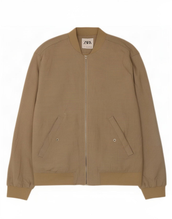 Zara Bomber Jacket Homme UK 36 Petit Beige Carreaux Polyester