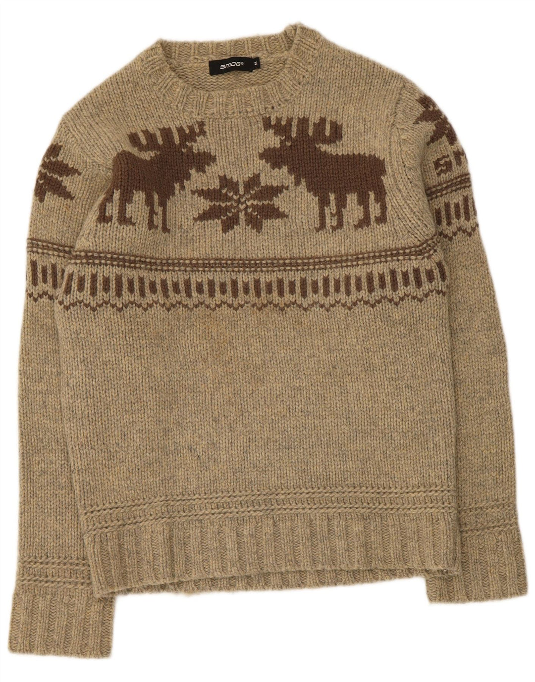 Smog Pull graphique à col rond pour homme Beige moyen en laine d'agneau Fair Isle
