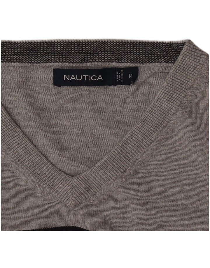 Nautica Pull Col V Homme Gris Moyen Rayé Coton
