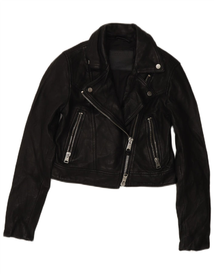 All Saints Veste de motard en cuir court pour femme UK 4 XS Cuir noir