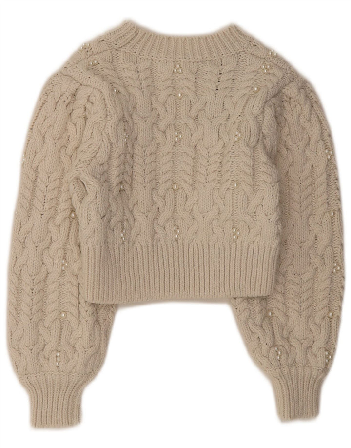 Zara Pull court à col rond pour femme UK 8 Petit Polyester Blanc cassé