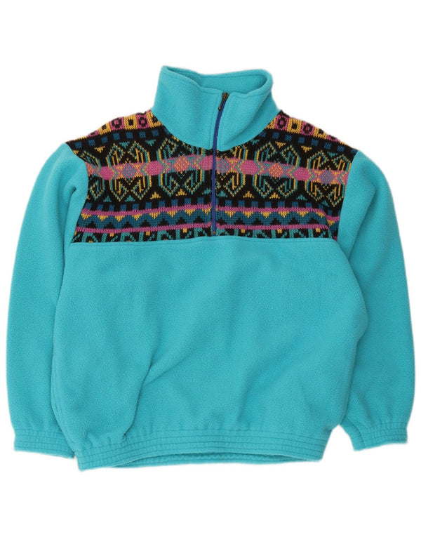 vintage Mens Zip Neck Fleece Jumper Moyen Bleu Géométrique