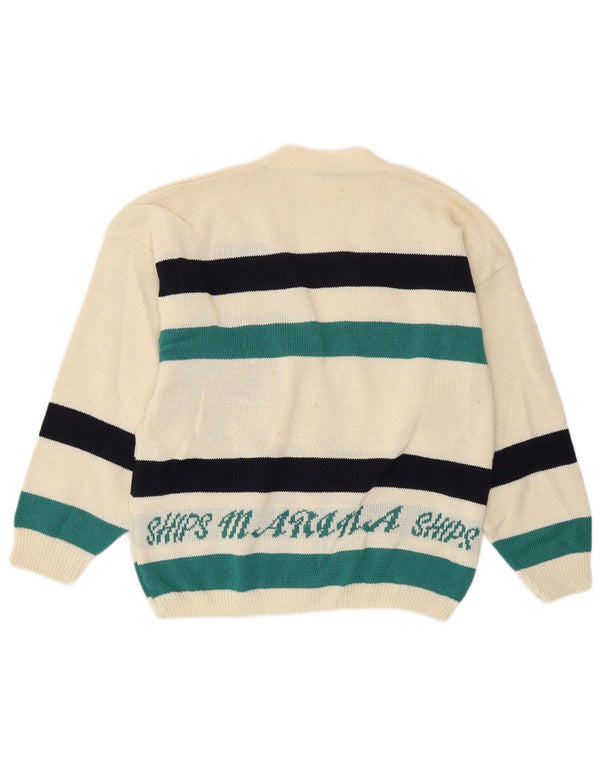 VINTAGE Mens Yachting Graphic Cardigan Pull Petit Blanc Cassé Rayé