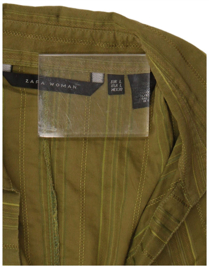 ZARA Chemise pull à manches courtes pour femme UK 14 Grand coton rayé kaki