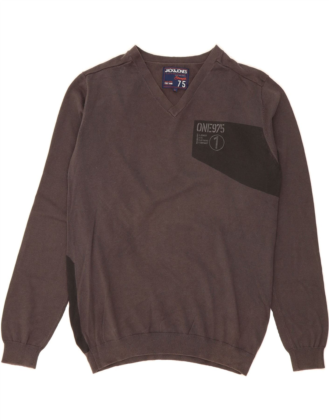 JACK & JONES Mens Graphic V-Neck Jumper Sweater Large Grey Colourblock Vintage Jack & Jones and Second-Hand Jack & Jones from Messina Hembry 