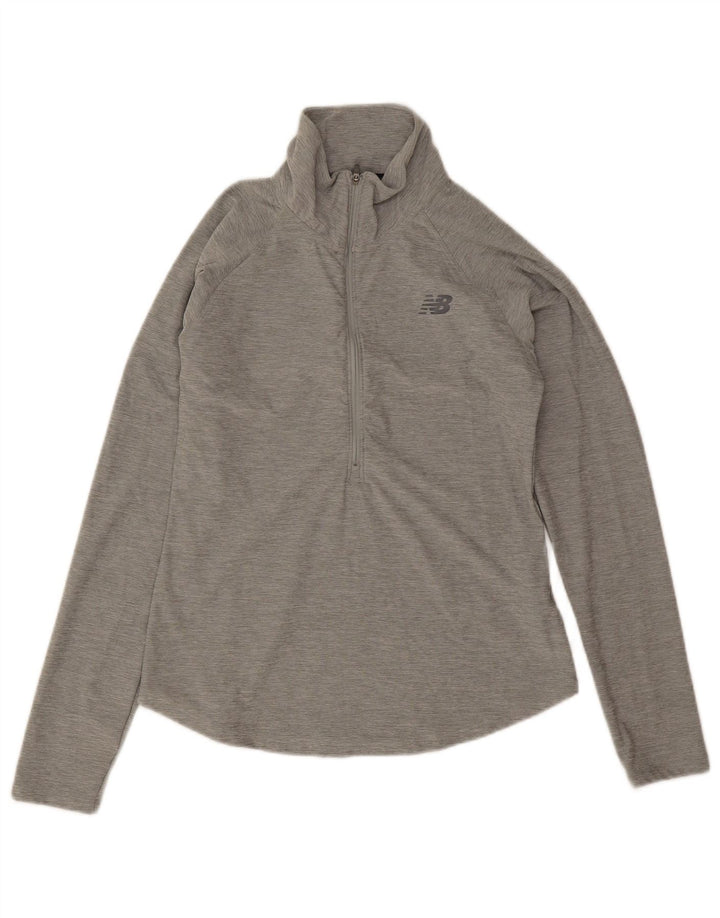 New Balance Femme Zip Neck Top Manches Longues UK 10 Small Gris Polyester