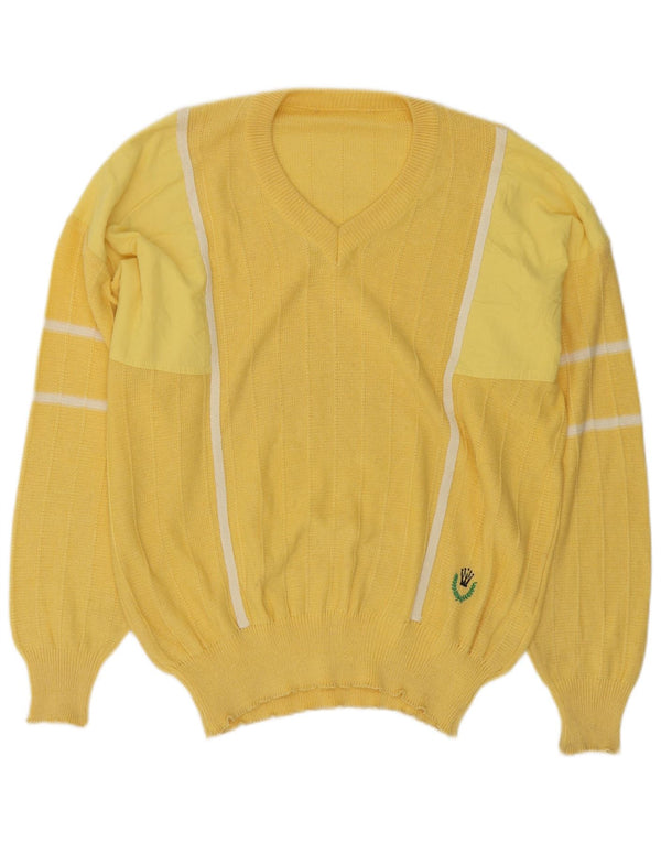 vintage Mens V-Col Jumper Pull XL Jaune Rayé