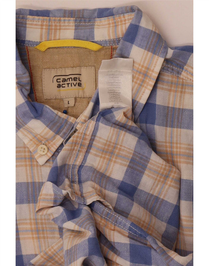 Camel Chemise à manches courtes pour homme en lin à carreaux bleus