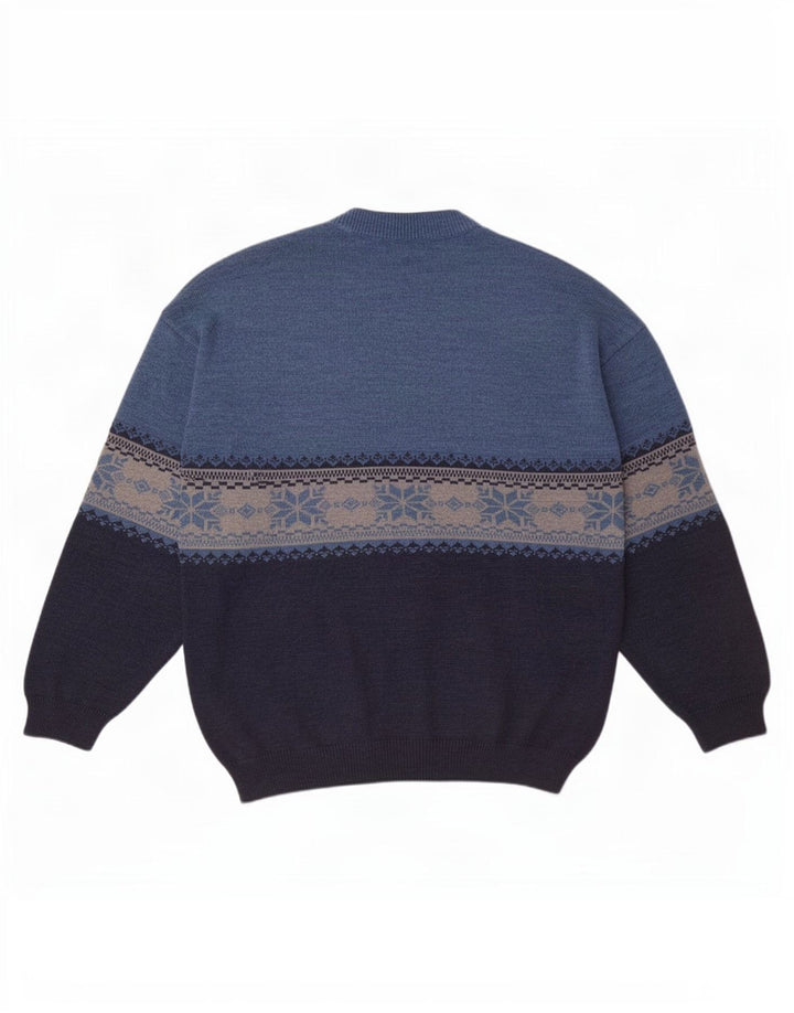 White Sails Pull à col rond pour homme en laine Fair Isle bleue